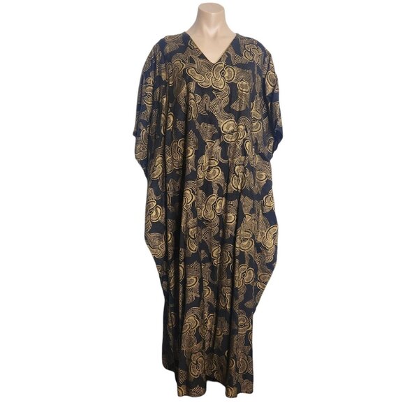 Nubian Queen Kaftan One Size Black and Gold Print Caftan - Picture 2 of 11